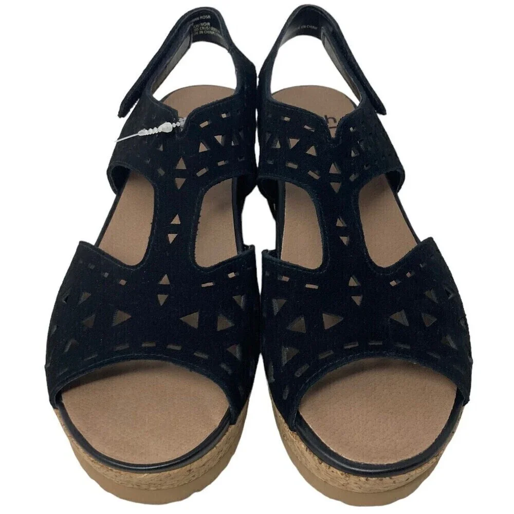 NEW Earth Buran Rosa Women's Size 9.5 Black Suede Leather Wedge Sandals  Shoes